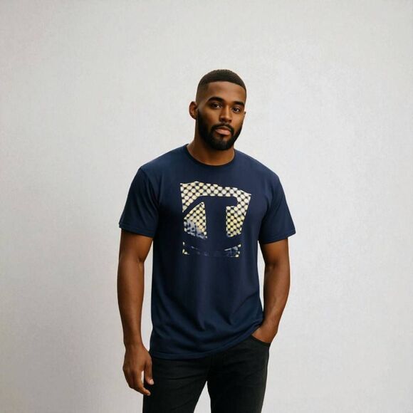 Mens Size Size 4XL Champion Checkerboard Navy Blue Logo Tshirt - Picture 1 of 6